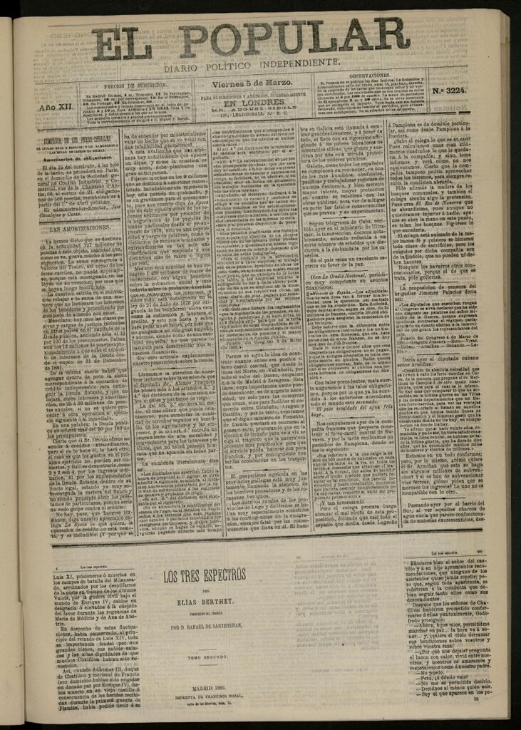 Miniatura de El Popular: diario independiente, político, literario y de noticias de interés general del 5 de marzo de 1880, nº 3224