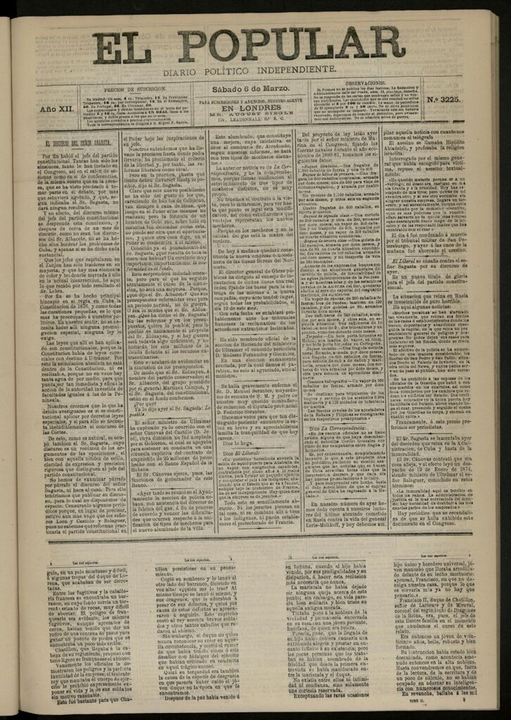 Miniatura de El Popular: diario independiente, político, literario y de noticias de interés general del 6 de marzo de 1880, nº 3225