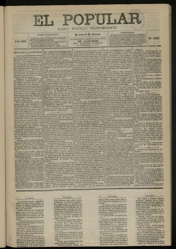 Miniatura de El Popular: diario independiente, político, literario y de noticias de interés general del 9 de marzo de 1880, nº 3227