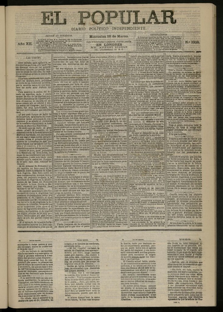 Miniatura de El Popular: diario independiente, político, literario y de noticias de interés general del 10 de marzo de 1880, nº 3228