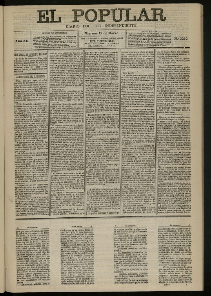 Miniatura de El Popular: diario independiente, político, literario y de noticias de interés general del 12 de marzo de 1880, nº 3230