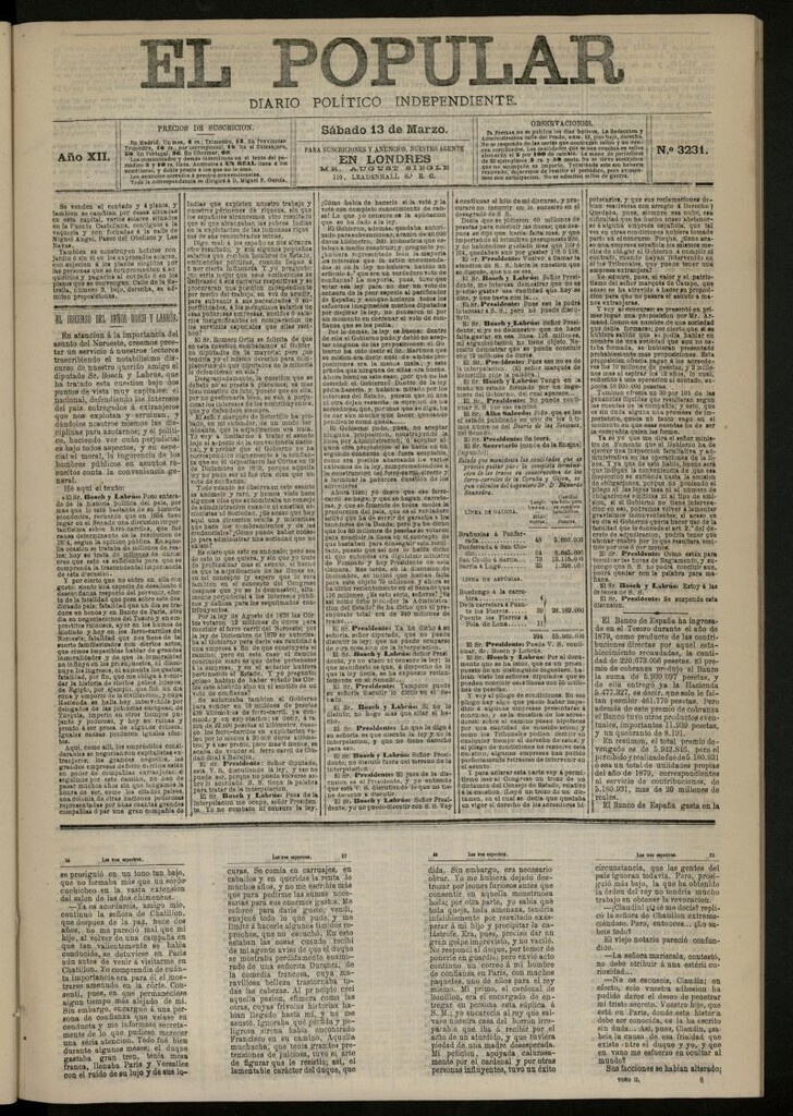 Miniatura de El Popular: diario independiente, político, literario y de noticias de interés general del 13 de marzo de 1880, nº 3231