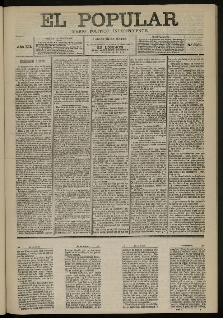 Miniatura de El Popular: diario independiente, político, literario y de noticias de interés general del 15 de marzo de 1880, nº 3232