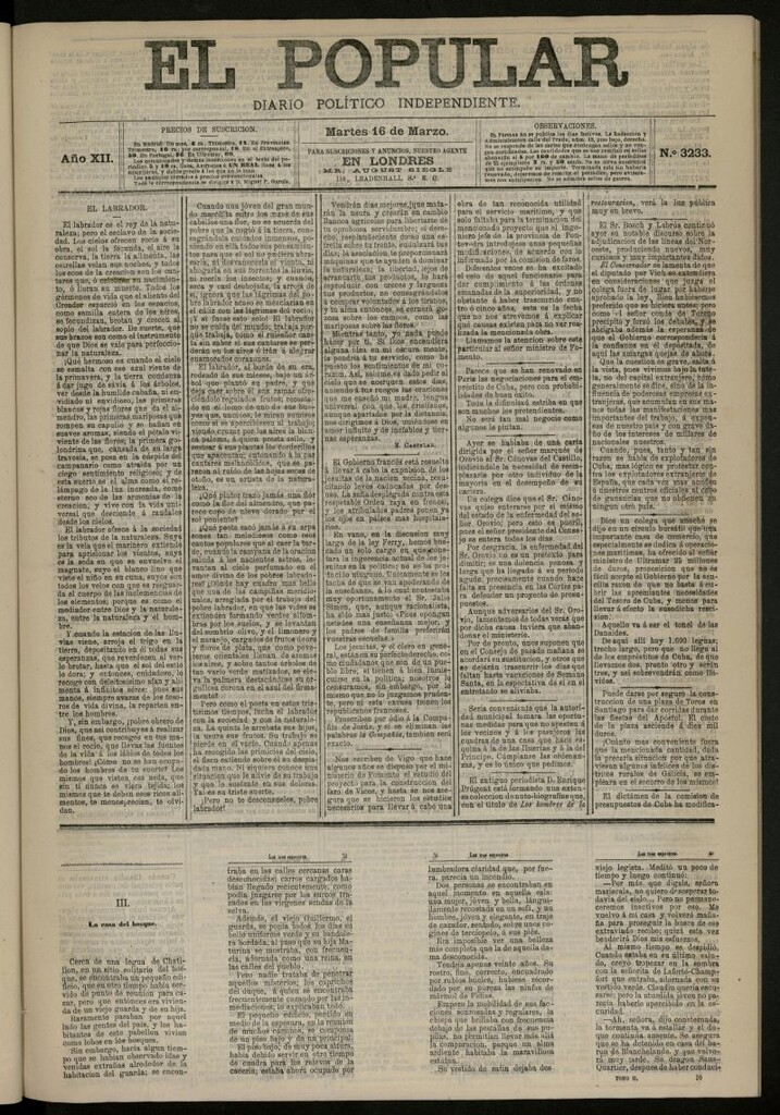Miniatura de El Popular: diario independiente, político, literario y de noticias de interés general del 16 de marzo de 1880, nº 3233