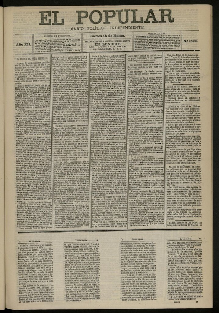 Miniatura de El Popular: diario independiente, político, literario y de noticias de interés general del 18 de marzo de 1880, nº 3235