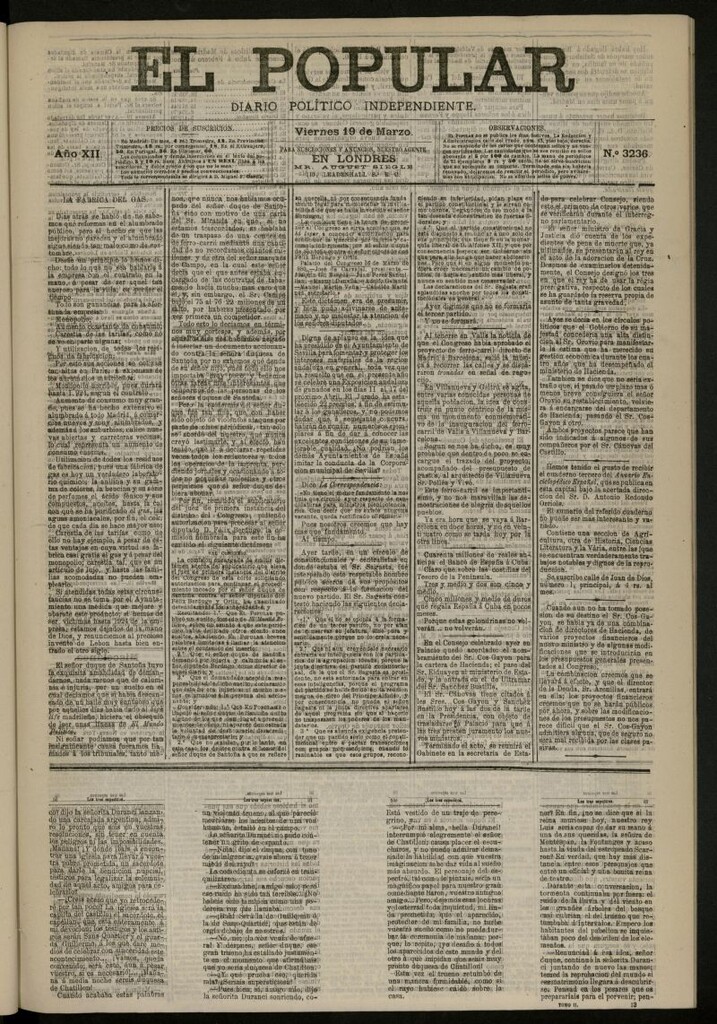 Miniatura de El Popular: diario independiente, político, literario y de noticias de interés general del 19 de marzo de 1880, nº 3236