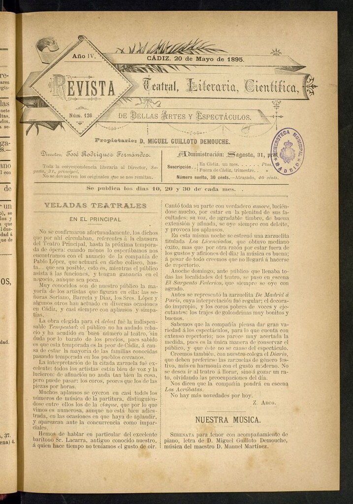 Miniatura de Revista Teatral, Literaria, Científica, de Bellas Artes y Espectáculos. Nº 126