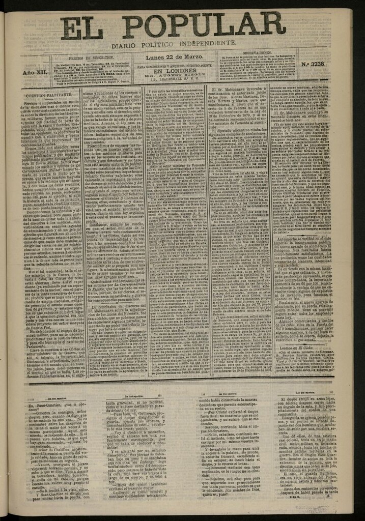 Miniatura de El Popular: diario independiente, político, literario y de noticias de interés general del 22 de marzo de 1880, nº 3238