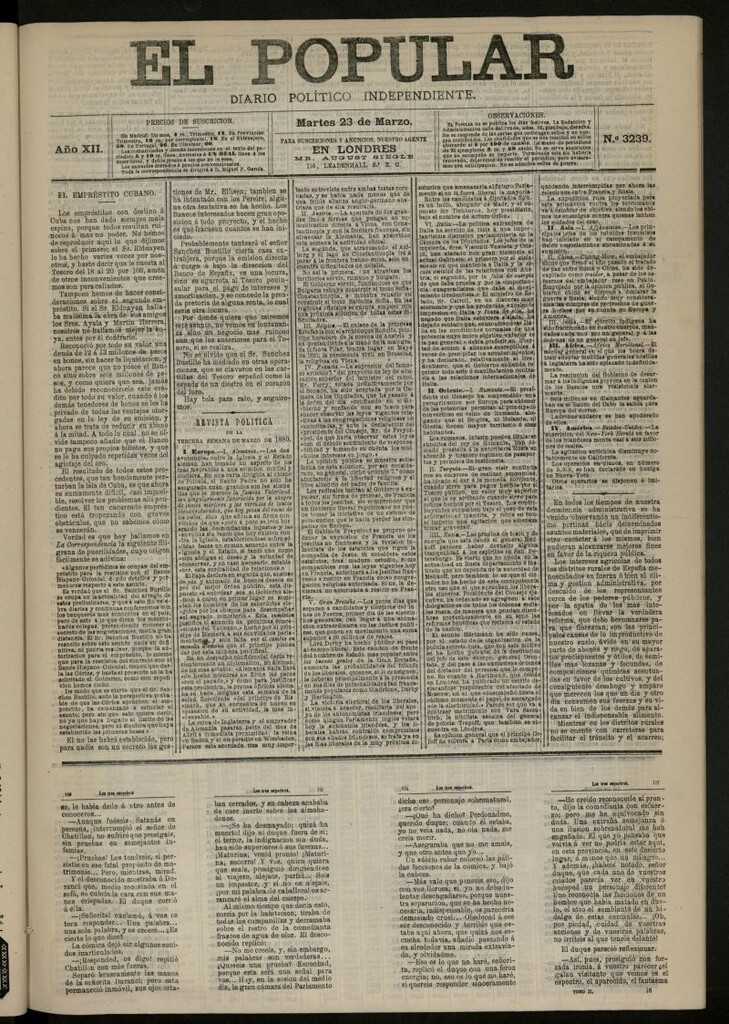 Miniatura de El Popular: diario independiente, político, literario y de noticias de interés general del 23 de marzo de 1880, nº 3239