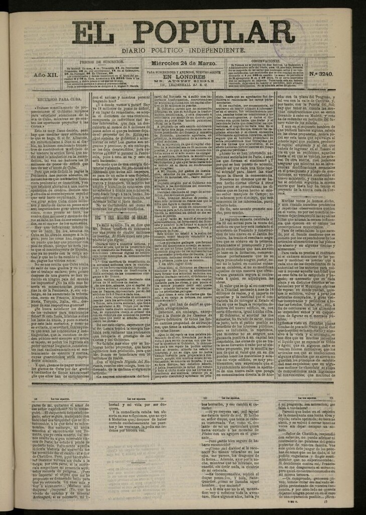 Miniatura de El Popular: diario independiente, político, literario y de noticias de interés general del 24 de marzo de 1880, nº 3240