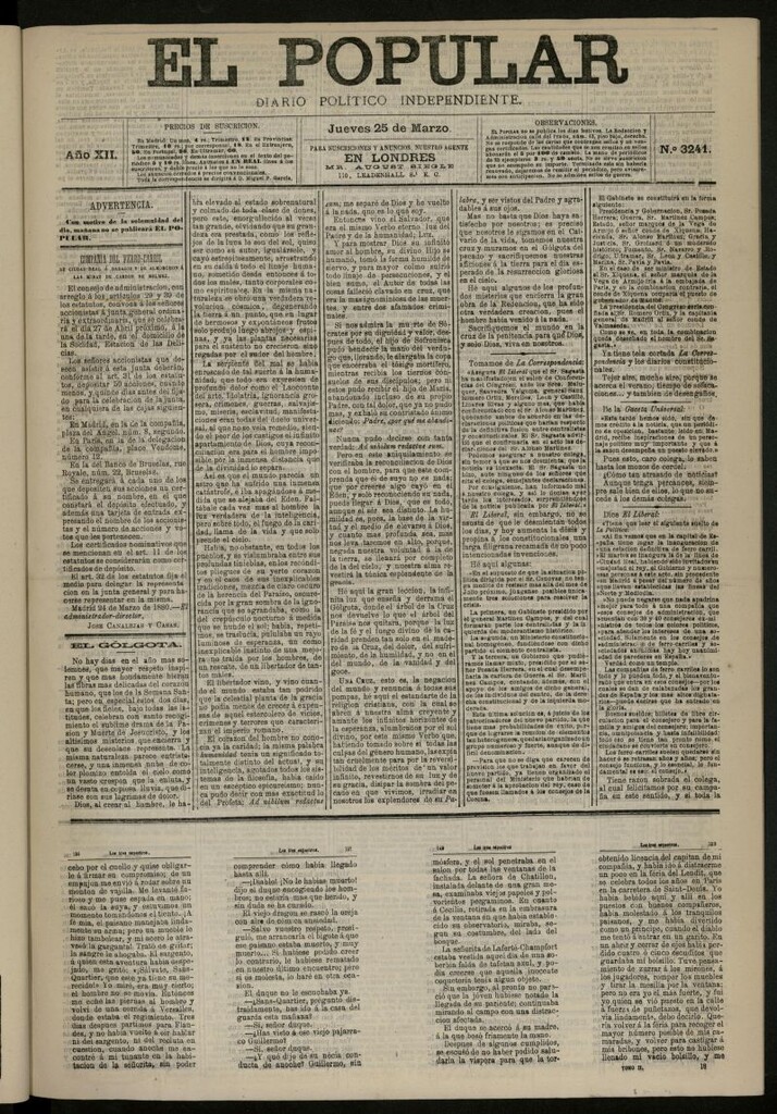 Miniatura de El Popular: diario independiente, político, literario y de noticias de interés general del 25 de marzo de 1880, nº 3241