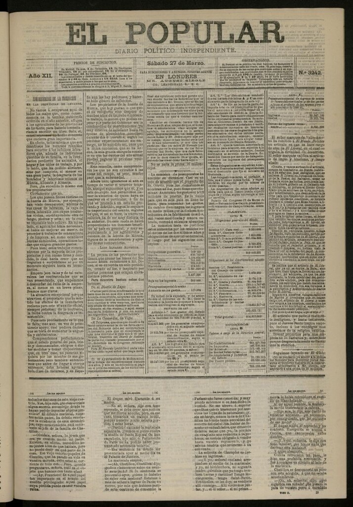 Miniatura de El Popular: diario independiente, político, literario y de noticias de interés general del 27 de marzo de 1880, nº 3242