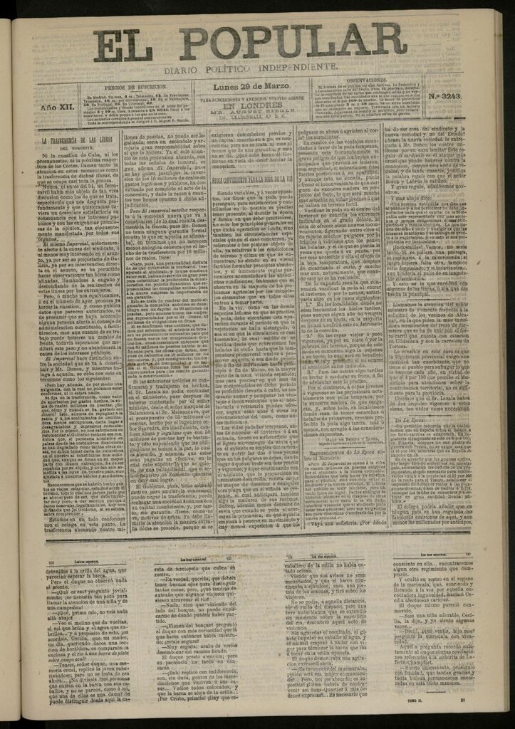 Miniatura de El Popular: diario independiente, político, literario y de noticias de interés general del 29 de marzo de 1880, nº 3243