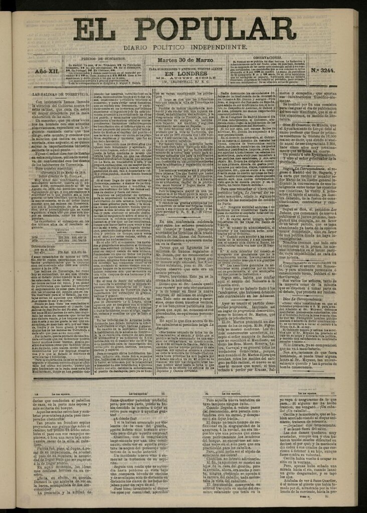Miniatura de El Popular: diario independiente, político, literario y de noticias de interés general del 30 de marzo de 1880, nº 3244