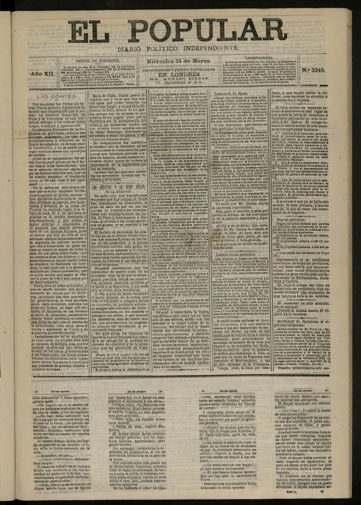 Miniatura de El Popular: diario independiente, político, literario y de noticias de interés general del 31 de marzo de 1880, nº 3245