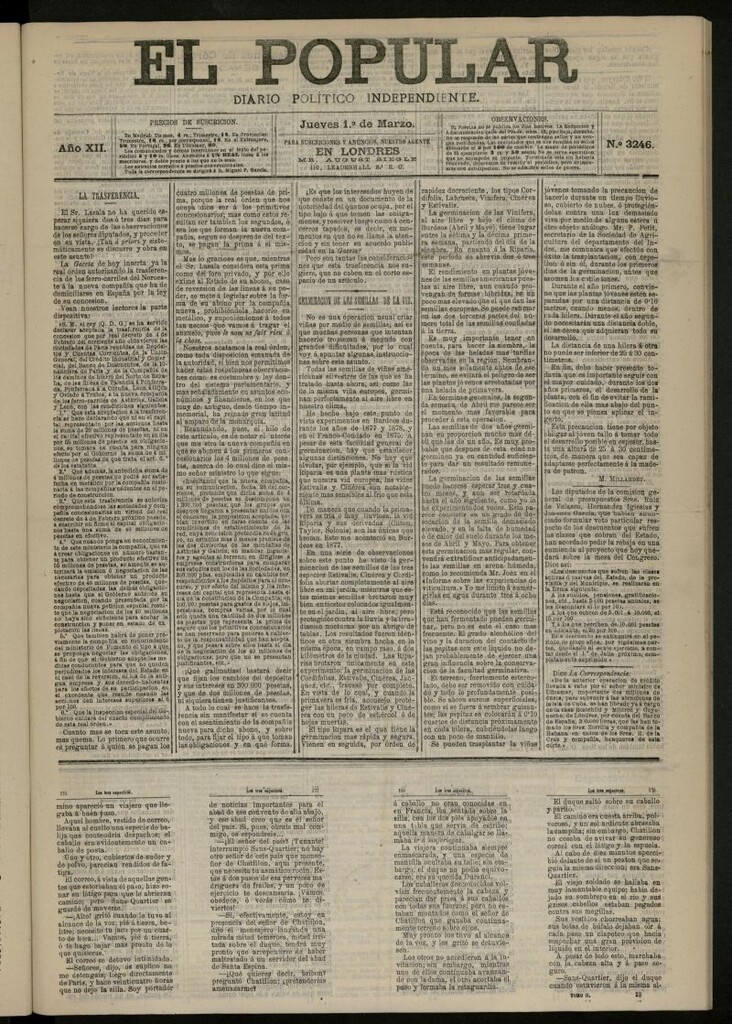 Miniatura de El Popular: diario independiente, político, literario y de noticias de interés general del 1 de marzo de 1880, nº 3246 [sic]