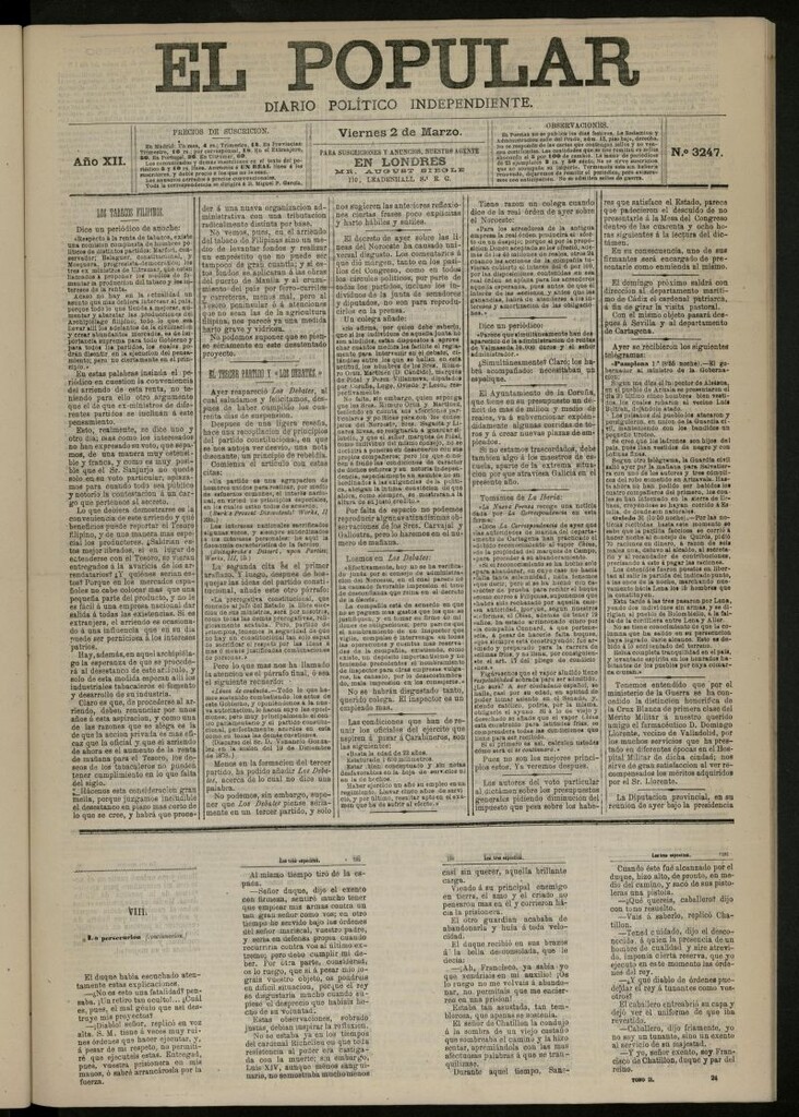 Miniatura de El Popular: diario independiente, político, literario y de noticias de interés general del 2 de marzo de 1880, nº 3247 [sic]