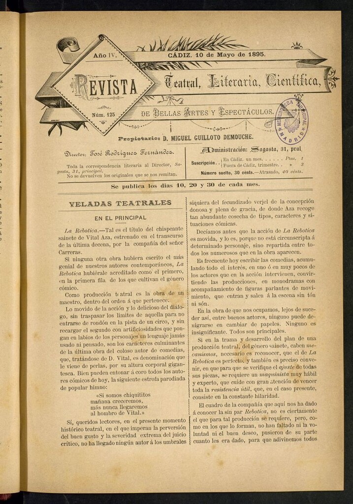 Miniatura de Revista Teatral, Literaria, Científica, de Bellas Artes y Espectáculos. Nº 125