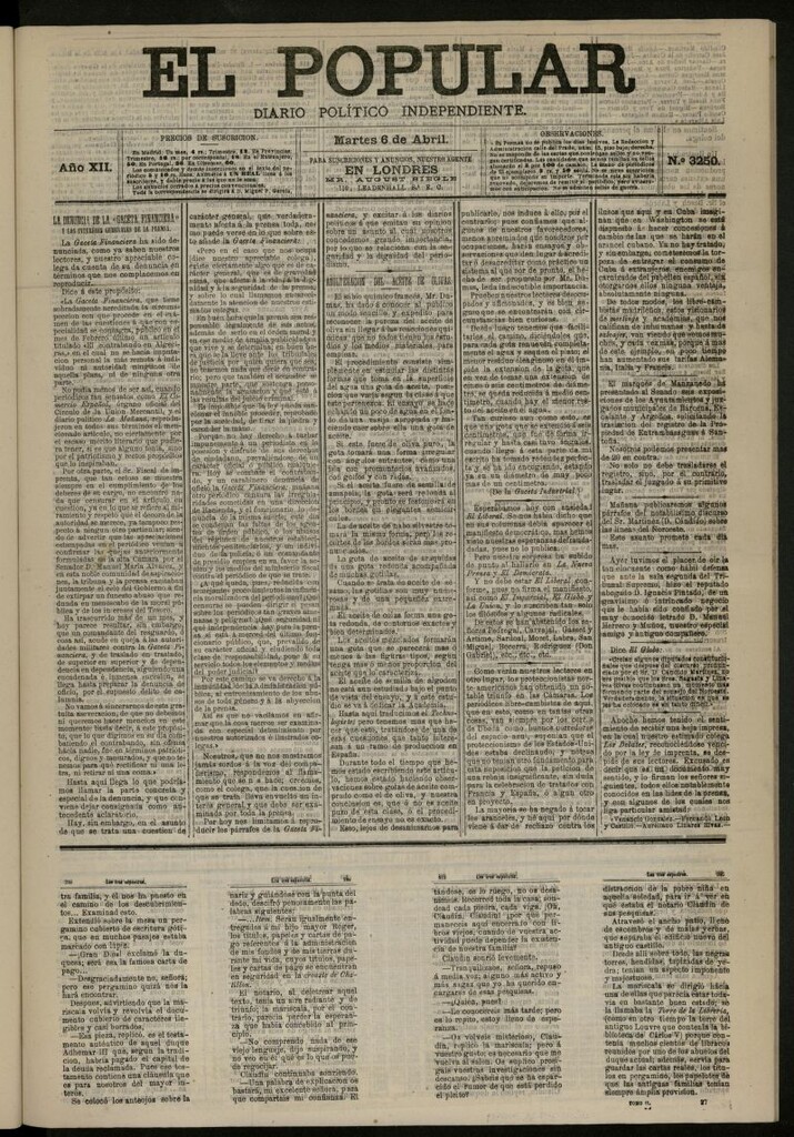 Miniatura de El Popular: diario independiente, político, literario y de noticias de interés general del 6 de abril de 1880, nº 3250