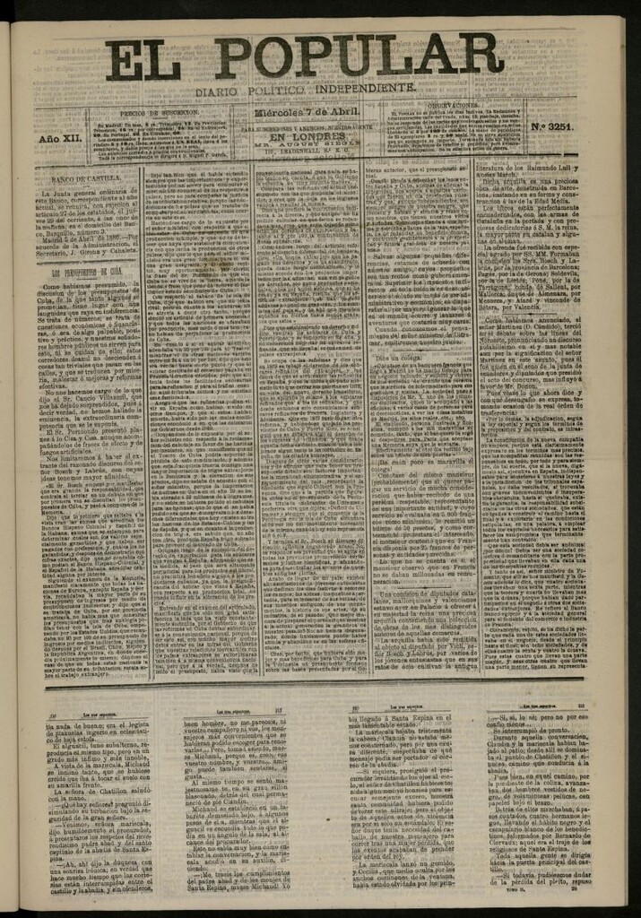 Miniatura de El Popular: diario independiente, político, literario y de noticias de interés general del 7 de abril de 1880, nº 3251