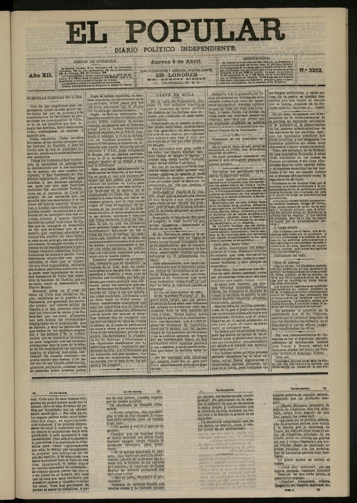 Miniatura de El Popular: diario independiente, político, literario y de noticias de interés general del 8 de abril de 1880, nº 3252