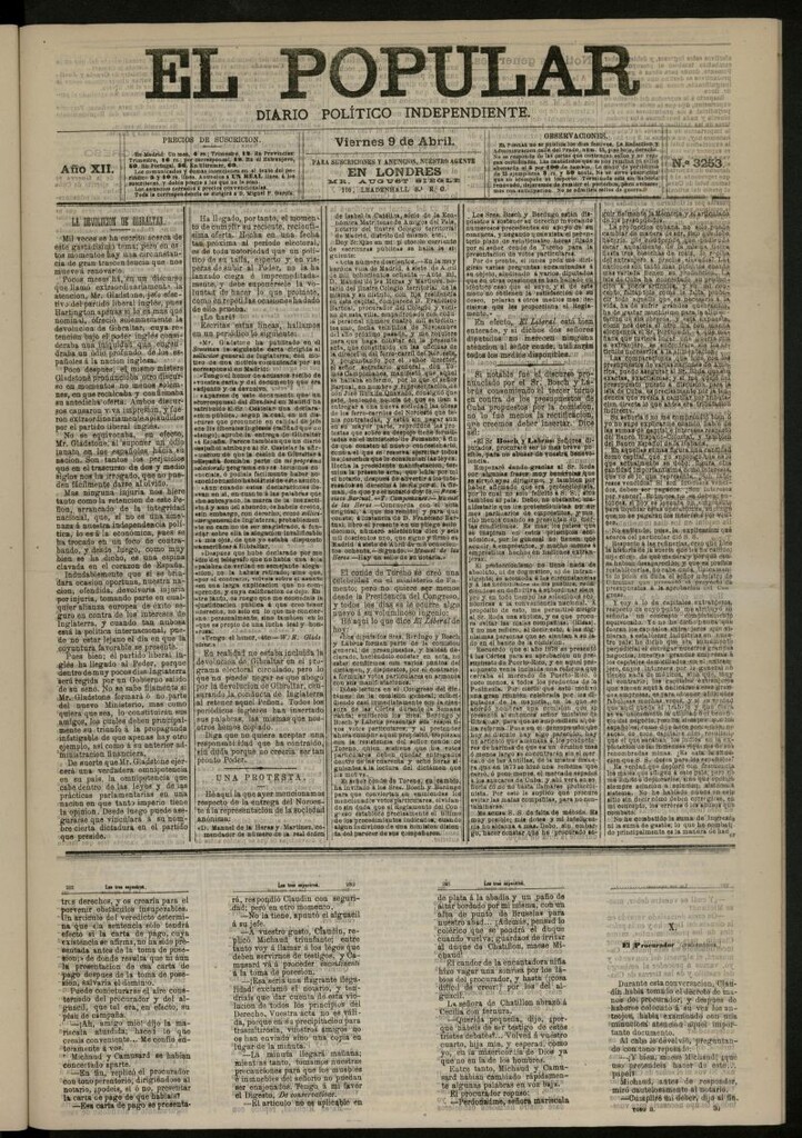 Miniatura de El Popular: diario independiente, político, literario y de noticias de interés general del 9 de abril de 1880, nº 3253