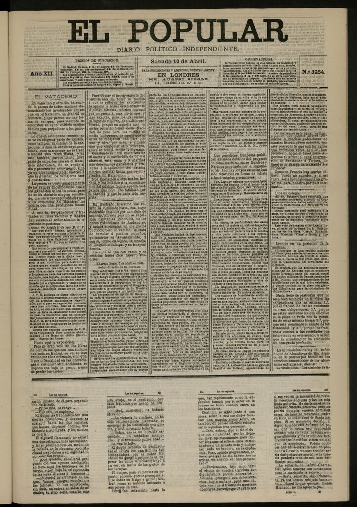 Miniatura de El Popular: diario independiente, político, literario y de noticias de interés general del 10 de abril de 1880, nº 3254