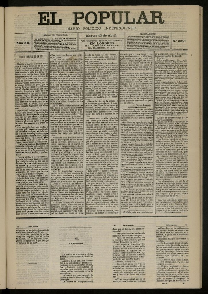 Miniatura de El Popular: diario independiente, político, literario y de noticias de interés general del 13 de abril de 1880, nº 3256