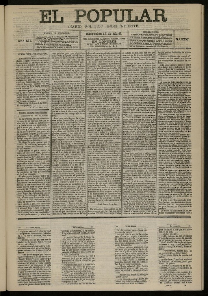 Miniatura de El Popular: diario independiente, político, literario y de noticias de interés general del 14 de abril de 1880, nº 3257