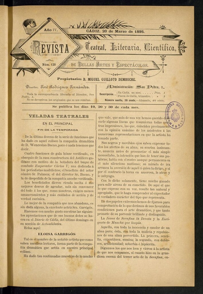 Miniatura de Revista Teatral, Literaria, Científica, de Bellas Artes y Espectáculos. Nº 120