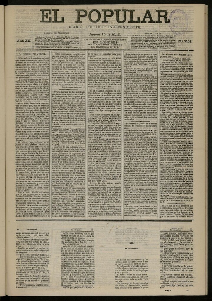 Miniatura de El Popular: diario independiente, político, literario y de noticias de interés general del 15 de abril de 1880, nº 3258