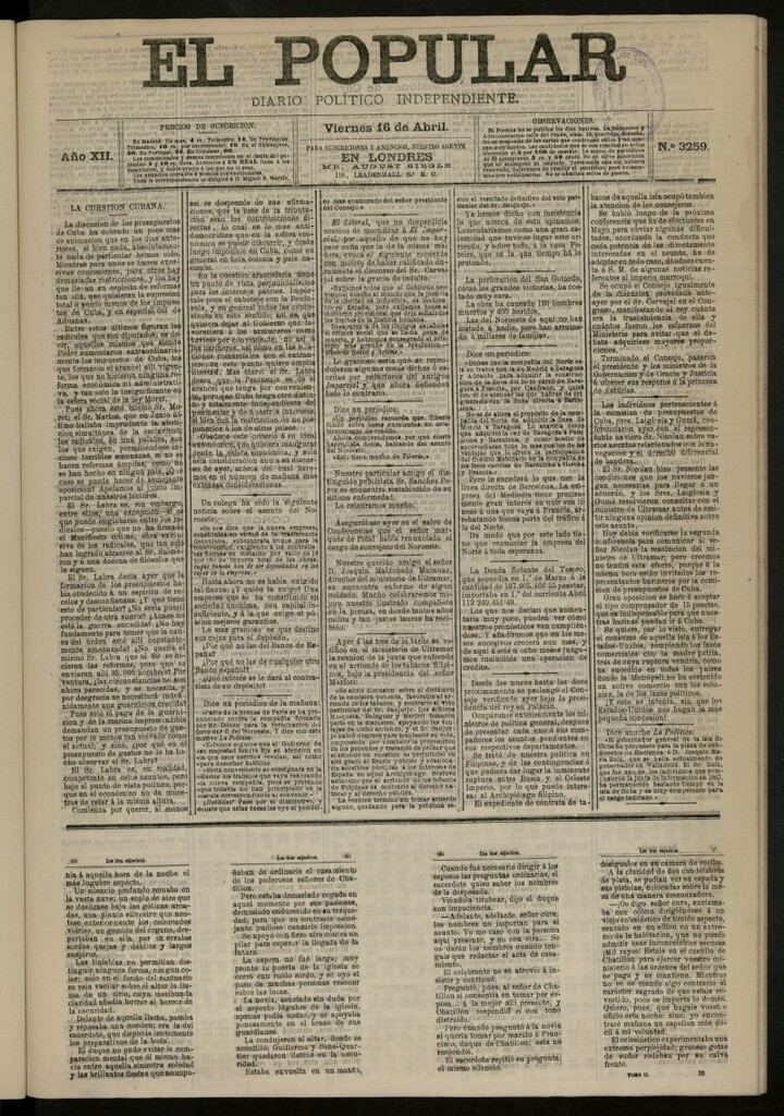 Miniatura de El Popular: diario independiente, político, literario y de noticias de interés general del 16 de abril de 1880, nº 3259