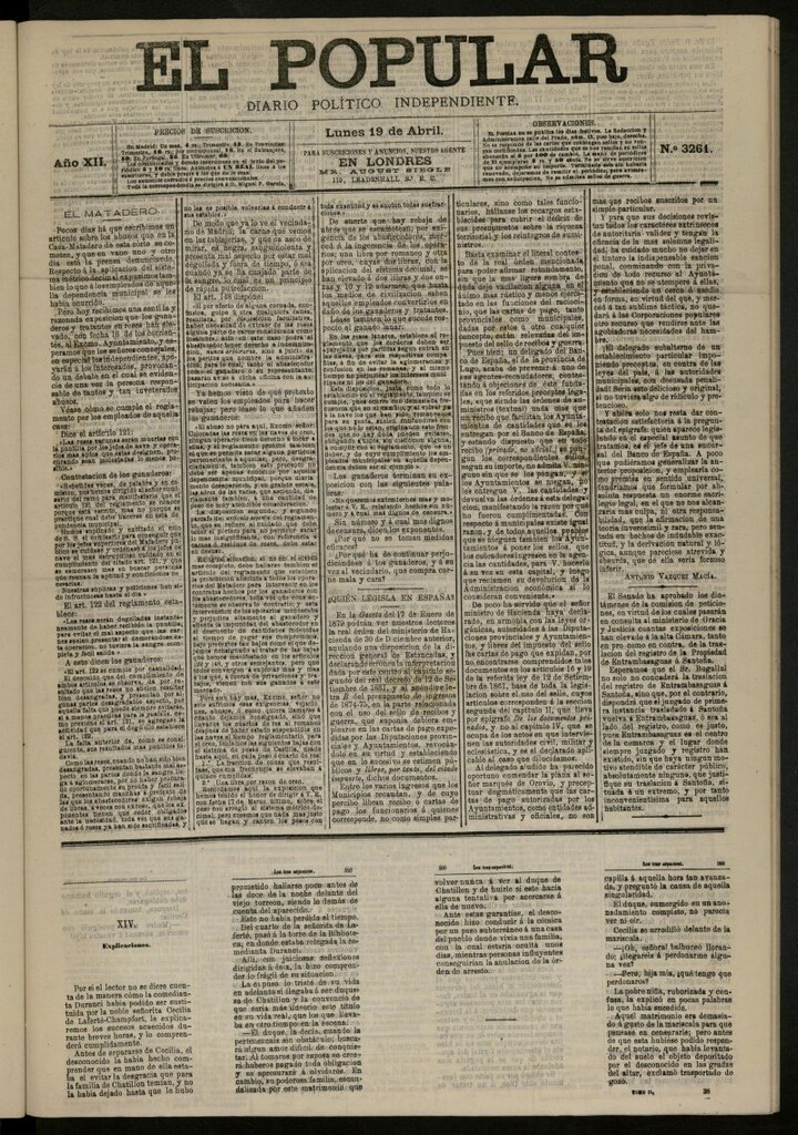 Miniatura de El Popular: diario independiente, político, literario y de noticias de interés general del 19 de abril de 1880, nº 3261