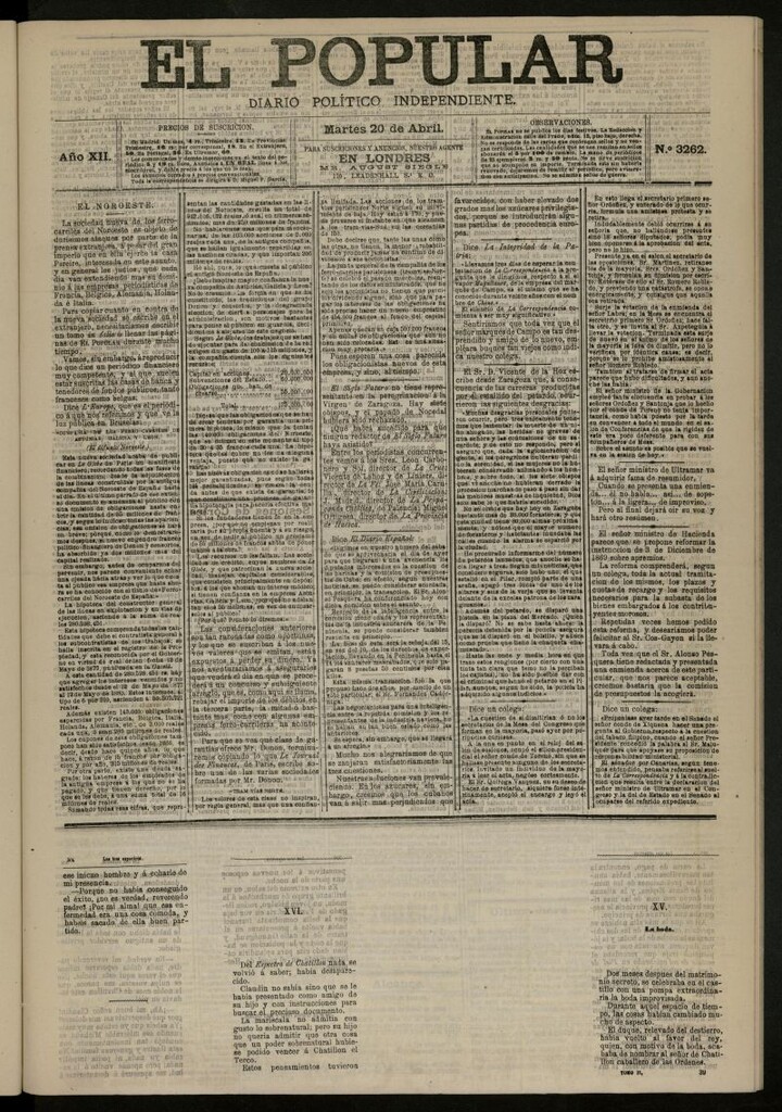 Miniatura de El Popular: diario independiente, político, literario y de noticias de interés general del 20 de abril de 1880, nº 3262
