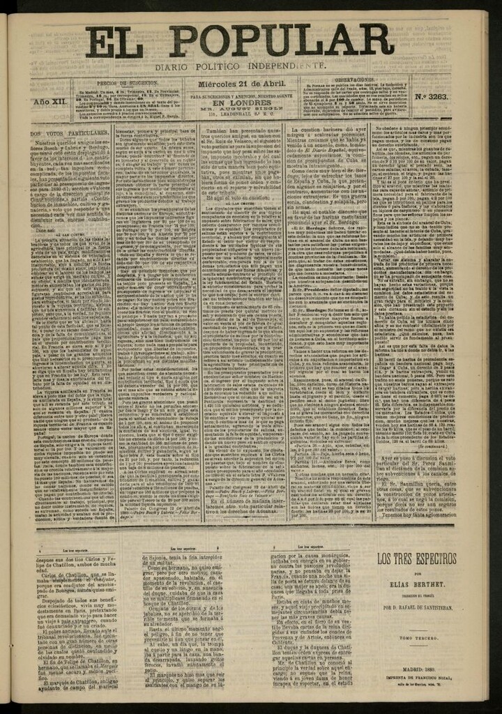 Miniatura de El Popular: diario independiente, político, literario y de noticias de interés general del 21 de abril de 1880, nº 3263