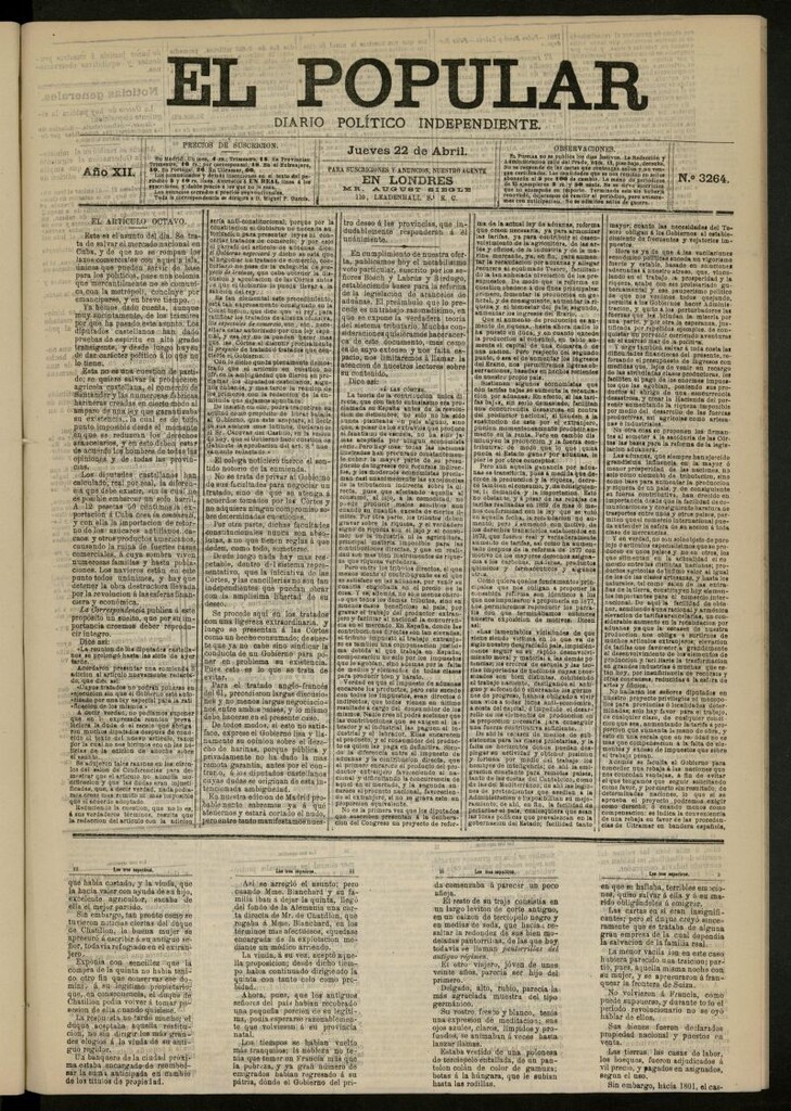 Miniatura de El Popular: diario independiente, político, literario y de noticias de interés general del 22 de abril de 1880, nº 3264