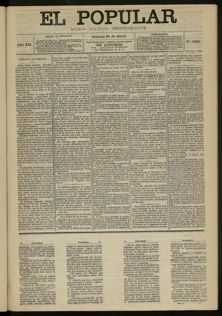 Miniatura de El Popular: diario independiente, político, literario y de noticias de interés general del 24 de abril de 1880, nº 3266