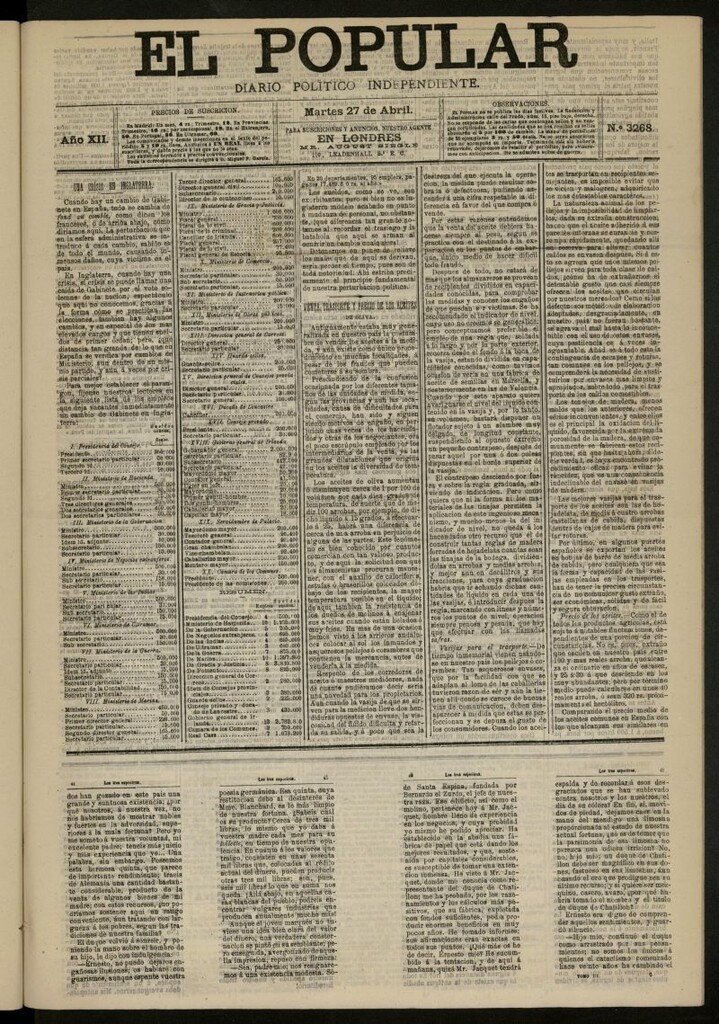 Miniatura de El Popular: diario independiente, político, literario y de noticias de interés general del 27 de abril de 1880, nº 3268