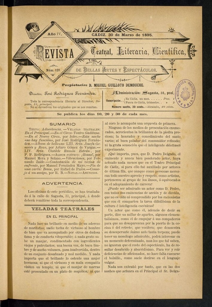 Miniatura de Revista Teatral, Literaria, Científica, de Bellas Artes y Espectáculos. Nº 121