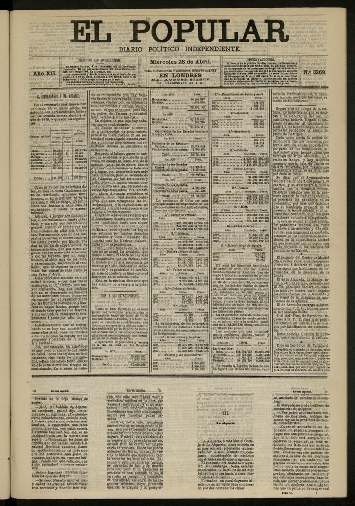 Miniatura de El Popular: diario independiente, político, literario y de noticias de interés general del 28 de abril de 1880, nº 3269