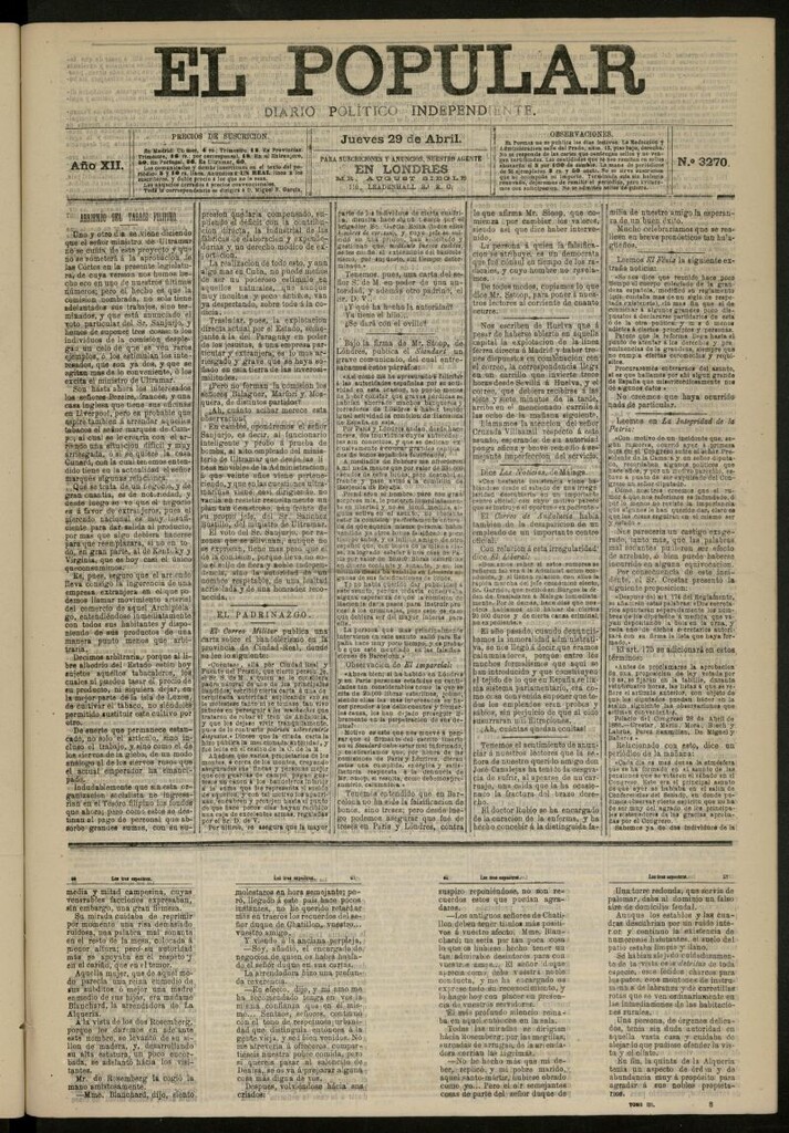 Miniatura de El Popular: diario independiente, político, literario y de noticias de interés general del 29 de abril de 1880, nº 3270