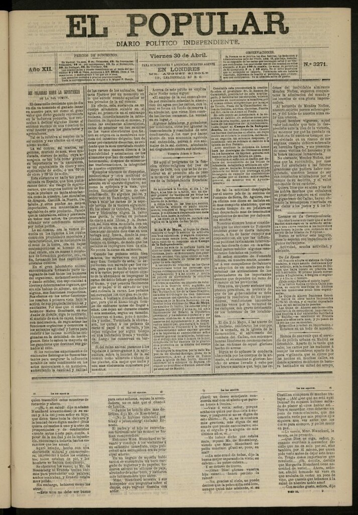 Miniatura de El Popular: diario independiente, político, literario y de noticias de interés general del 30 de abril de 1880, nº 3271