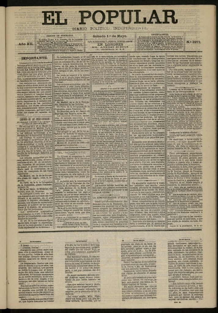 Miniatura de El Popular: diario independiente, político, literario y de noticias de interés general del 1 de mayo de 1880, nº 3272