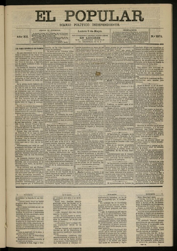 Miniatura de El Popular: diario independiente, político, literario y de noticias de interés general del 3 de mayo de 1880, nº 3273