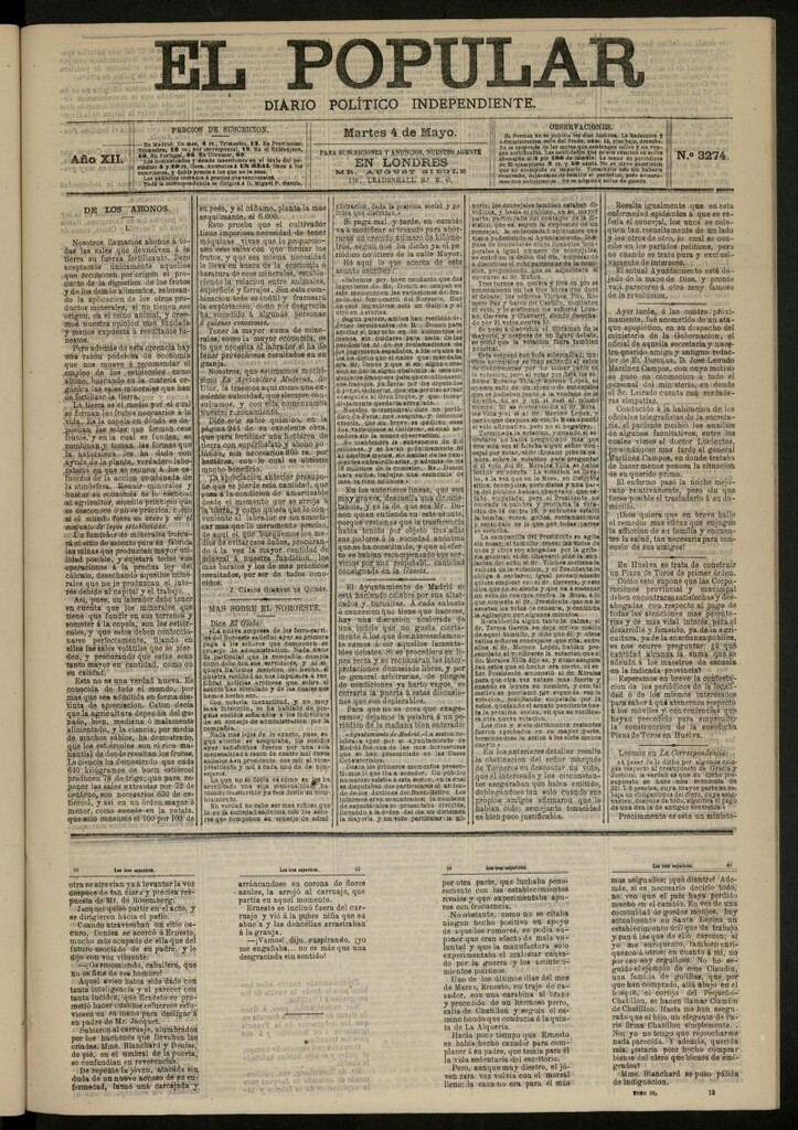 Miniatura de El Popular: diario independiente, político, literario y de noticias de interés general del 4 de mayo de 1880, nº 3274