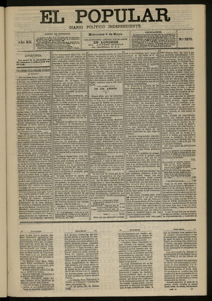 Miniatura de El Popular: diario independiente, político, literario y de noticias de interés general del 5 de mayo de 1880, nº 3275