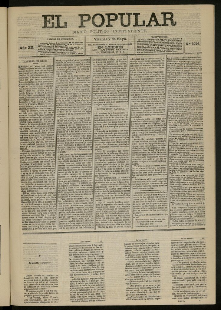 Miniatura de El Popular: diario independiente, político, literario y de noticias de interés general del 7 de mayo de 1880, nº 3276
