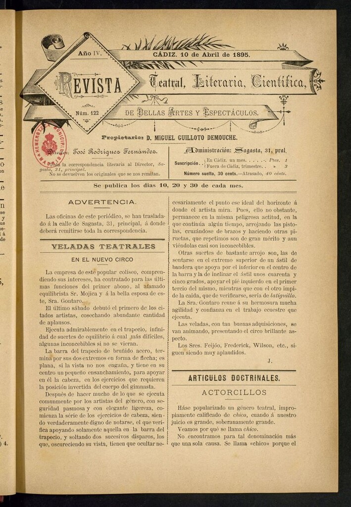 Miniatura de Revista Teatral, Literaria, Científica, de Bellas Artes y Espectáculos. Nº 122
