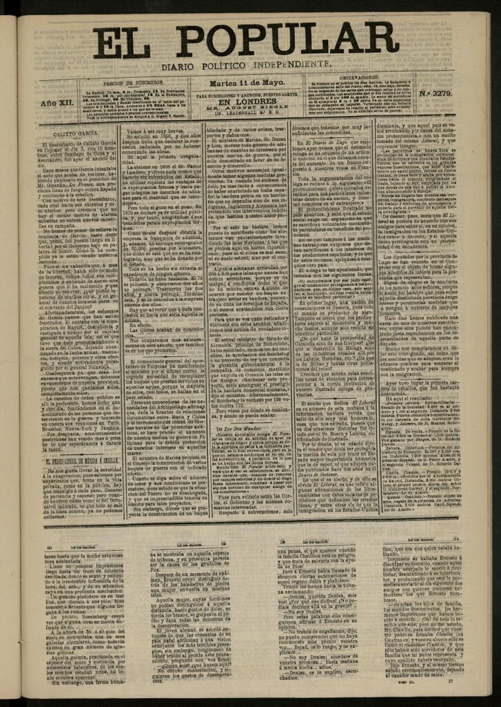 Miniatura de El Popular: diario independiente, político, literario y de noticias de interés general del 11 de mayo de 1880, nº 3279