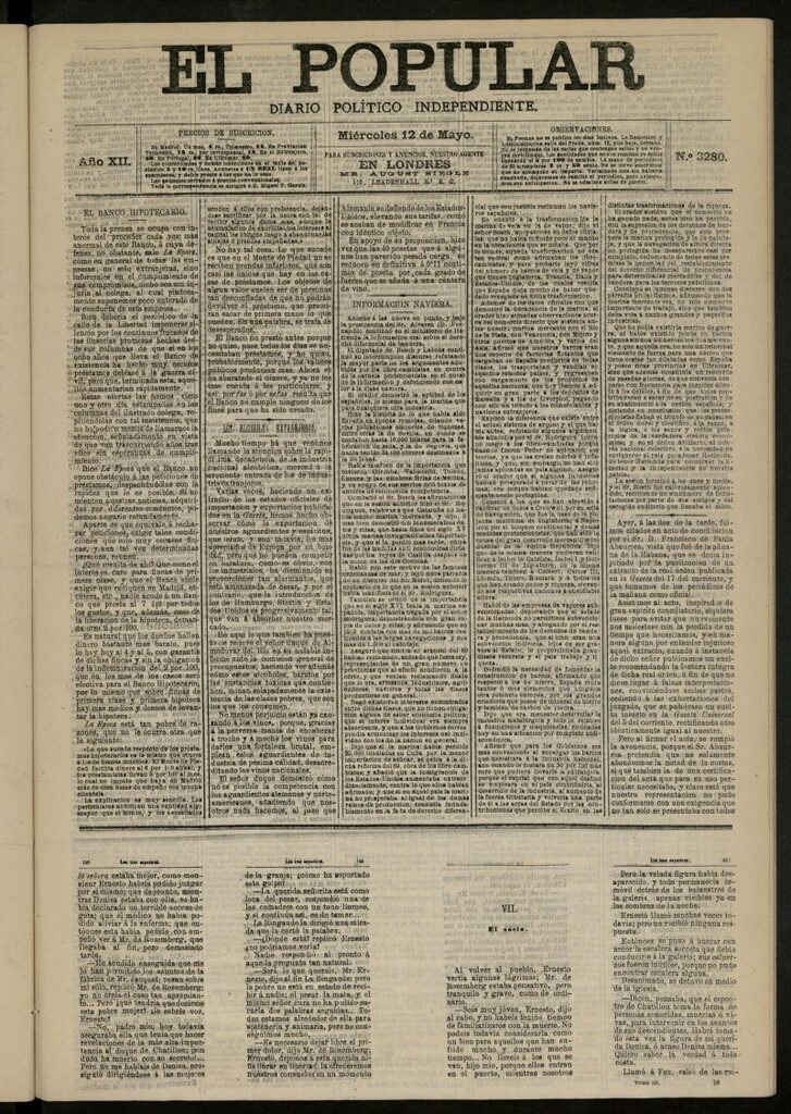 Miniatura de El Popular: diario independiente, político, literario y de noticias de interés general del 12 de mayo de 1880, nº 3280